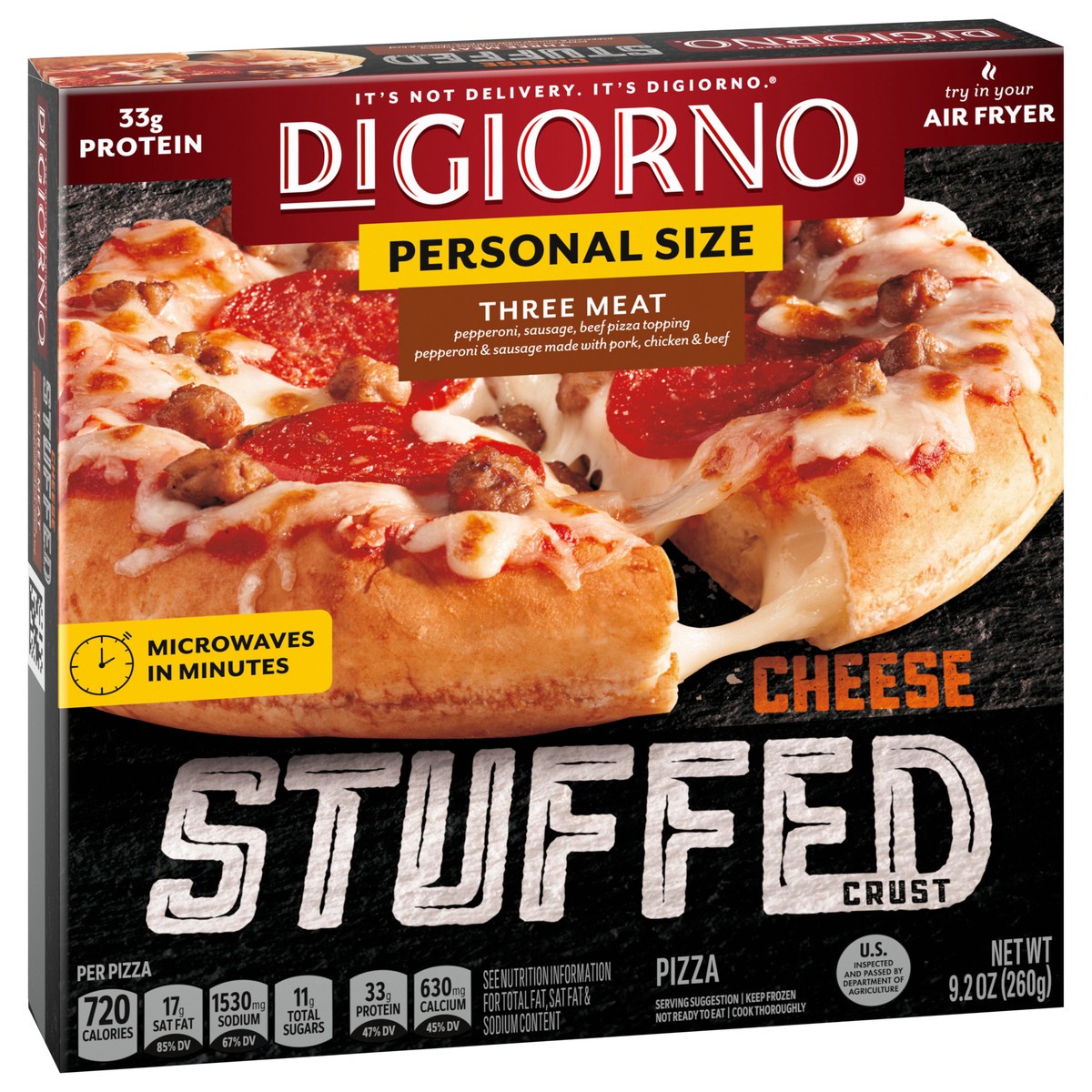 slide 2 of 9, DIGIORNO Frozen Pizza - Three Meat Stuffed Crust Pizza - Personal Pizza, 9.2 oz