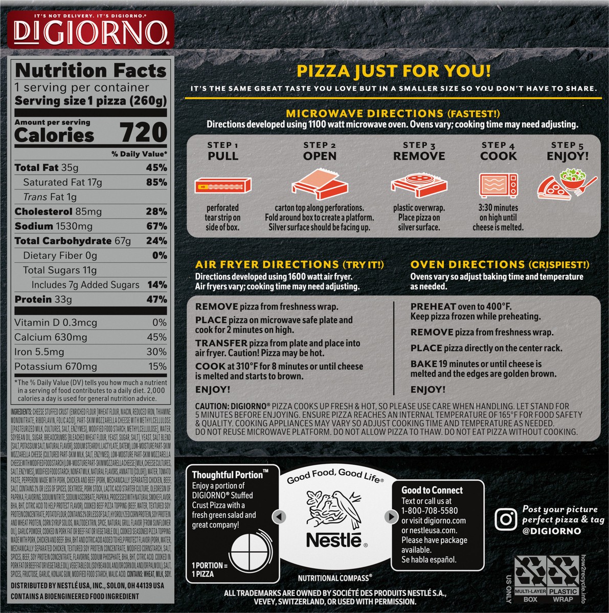 slide 5 of 9, DIGIORNO Frozen Pizza - Three Meat Stuffed Crust Pizza - Personal Pizza, 9.2 oz
