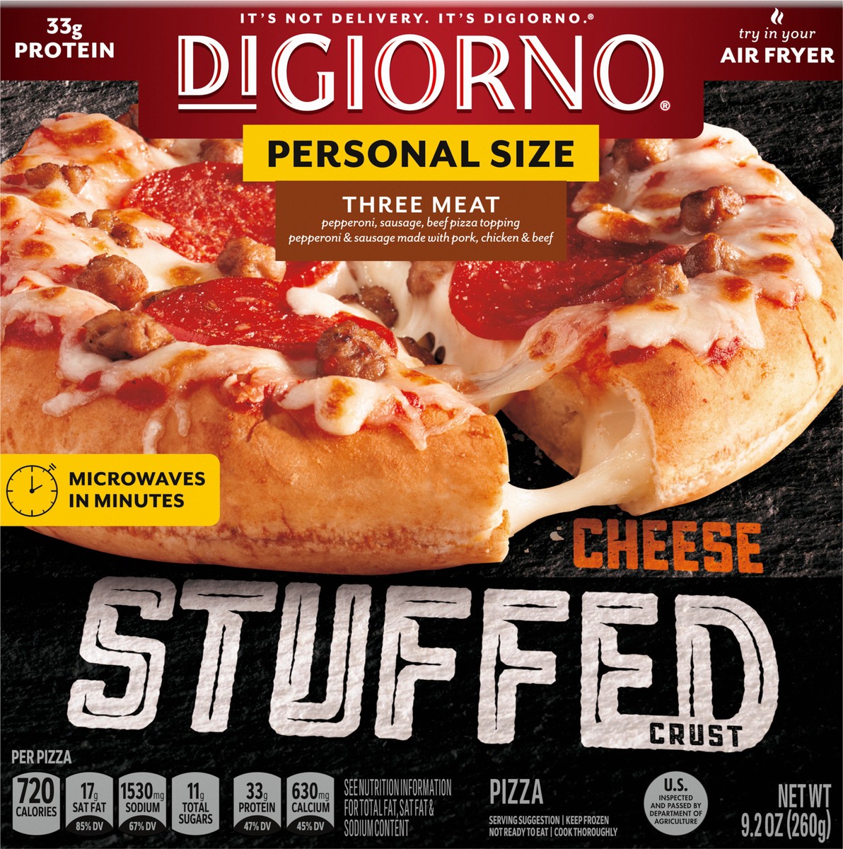 slide 6 of 9, DIGIORNO Frozen Pizza - Three Meat Stuffed Crust Pizza - Personal Pizza, 9.2 oz