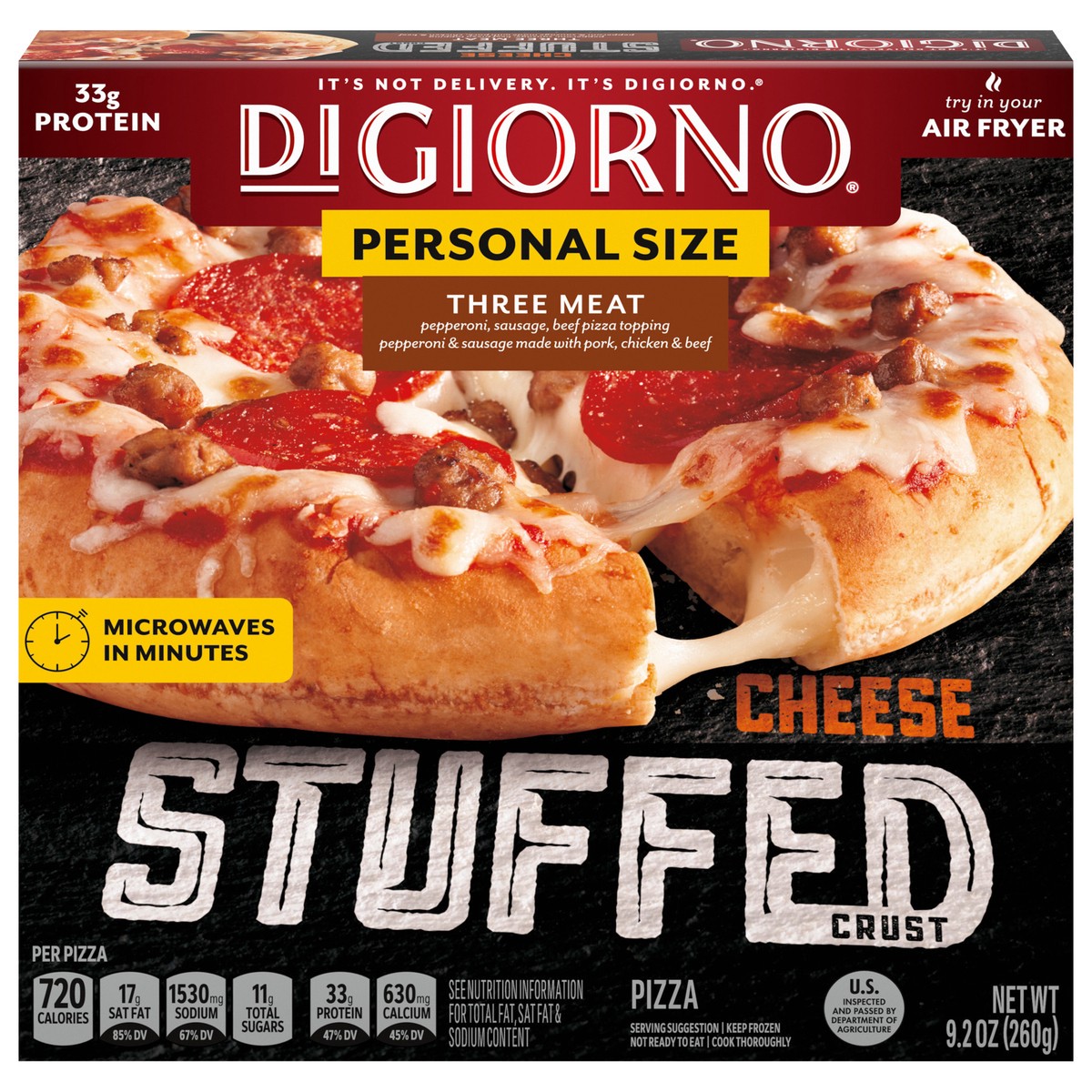 slide 1 of 9, DIGIORNO Frozen Pizza - Three Meat Stuffed Crust Pizza - Personal Pizza, 9.2 oz