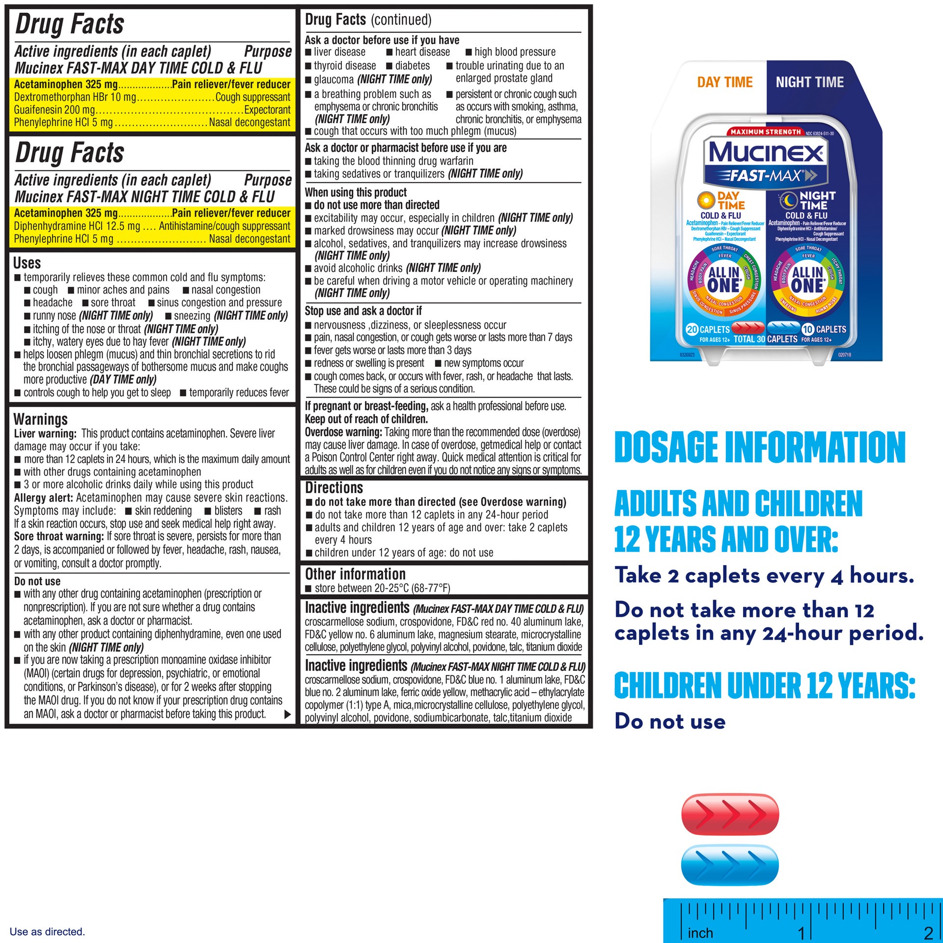 slide 4 of 5, Mucinex Fast-Max Day Time Cold & Flu/Night Time Cold & Flu Caplets. Maximum Strength – 30 caplets – All in One Multi Symptom Relief., 30 ct