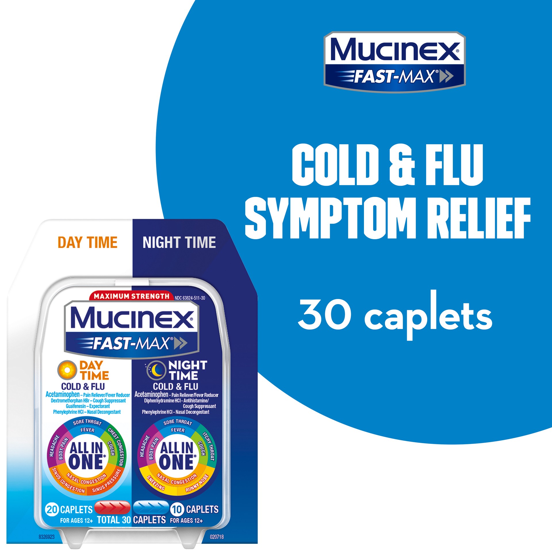 slide 1 of 5, Mucinex Fast-Max Day Time Cold & Flu/Night Time Cold & Flu Caplets. Maximum Strength – 30 caplets – All in One Multi Symptom Relief., 30 ct