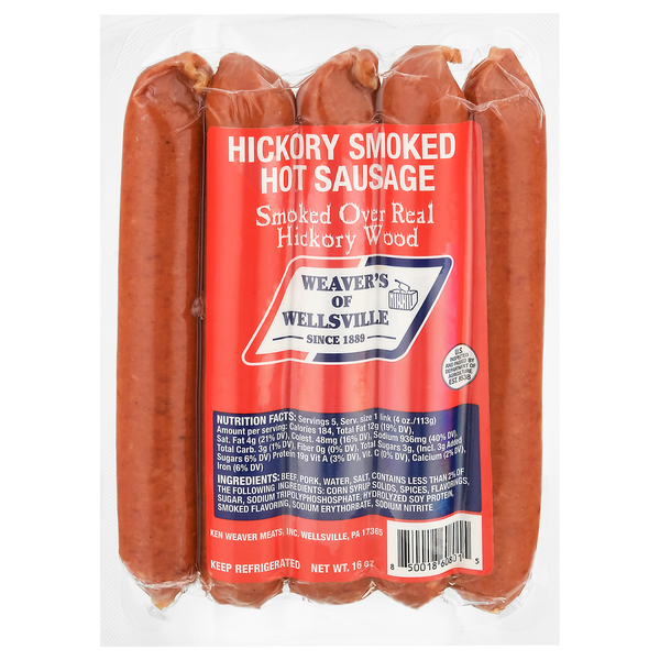 slide 1 of 1, Weaver's of Wellsville Hickory Smoked Hot Sausage, 16 oz