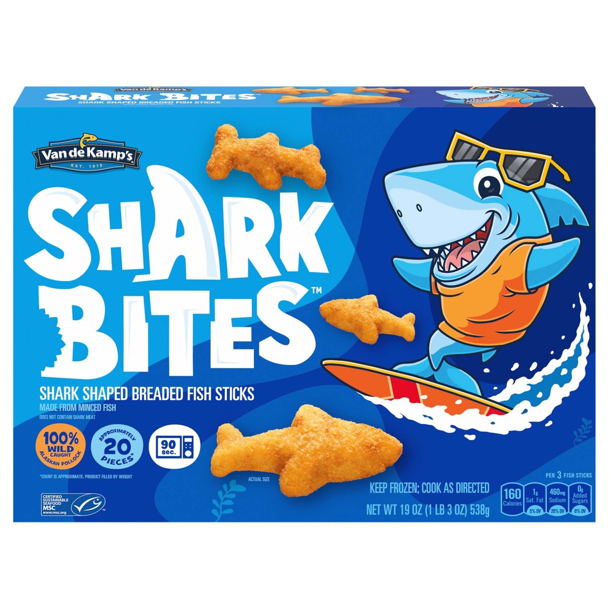 slide 1 of 5, Van de Kamp's Shark Bites, Shark Shaped Breaded Fish Sticks, Frozen Meal, 24.6 oz., 19 oz