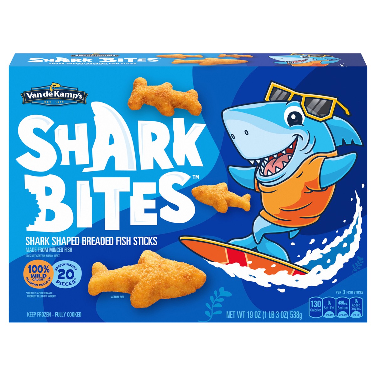 slide 1 of 5, Van de Kamp's Shark Bites, Shark Shaped Breaded Fish Sticks, Frozen Meal, 24.6 oz., 19 oz
