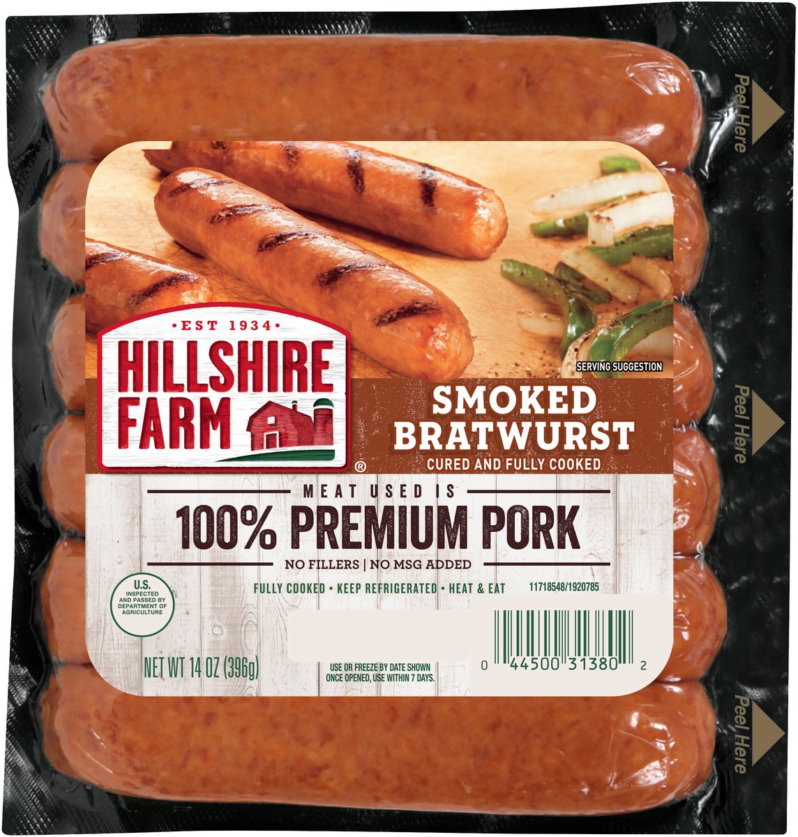 slide 3 of 3, Hillshire Farm Smoked Bratwurst Cured and Fully Cooked, 396.89 g