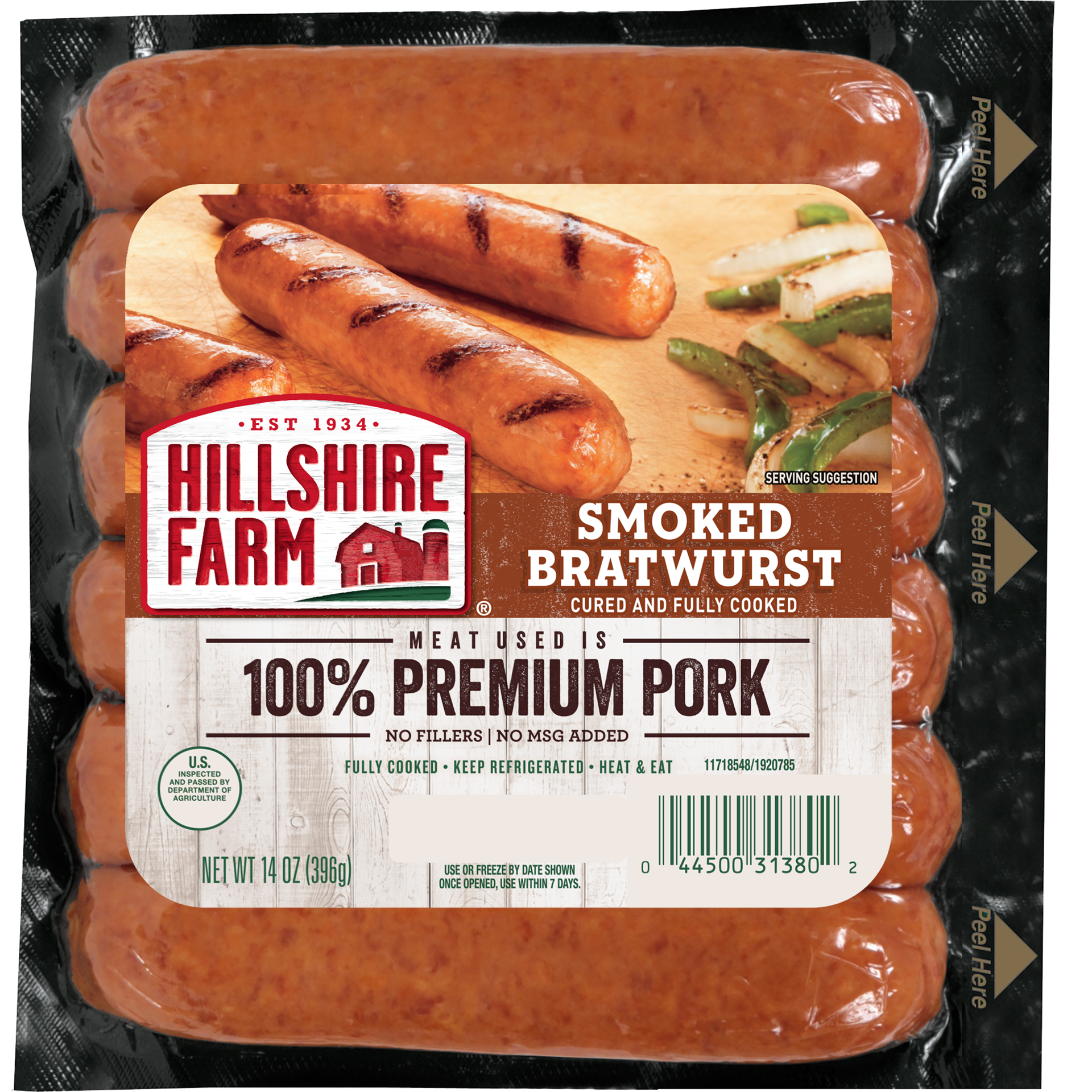 slide 1 of 3, Hillshire Farm Smoked Bratwurst Cured and Fully Cooked, 396.89 g