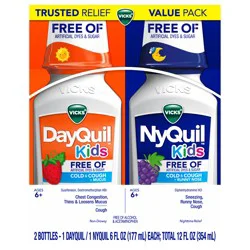 VICKS Kids DayQuil & NyQuil Cold & Cough Relief Liquid Co-Pack, Free Of Artificial Dyes & Sugar, Multi-symptom Relief of Cough, Sneezing, Runny Nose, Mucus, and Chest Congestion, For Ages 6+, 2x6oz