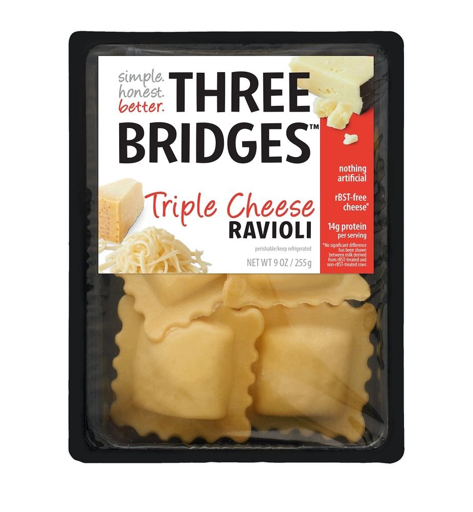 slide 1 of 1, Three Bridges Triple Cheese Ravioli, 9 oz