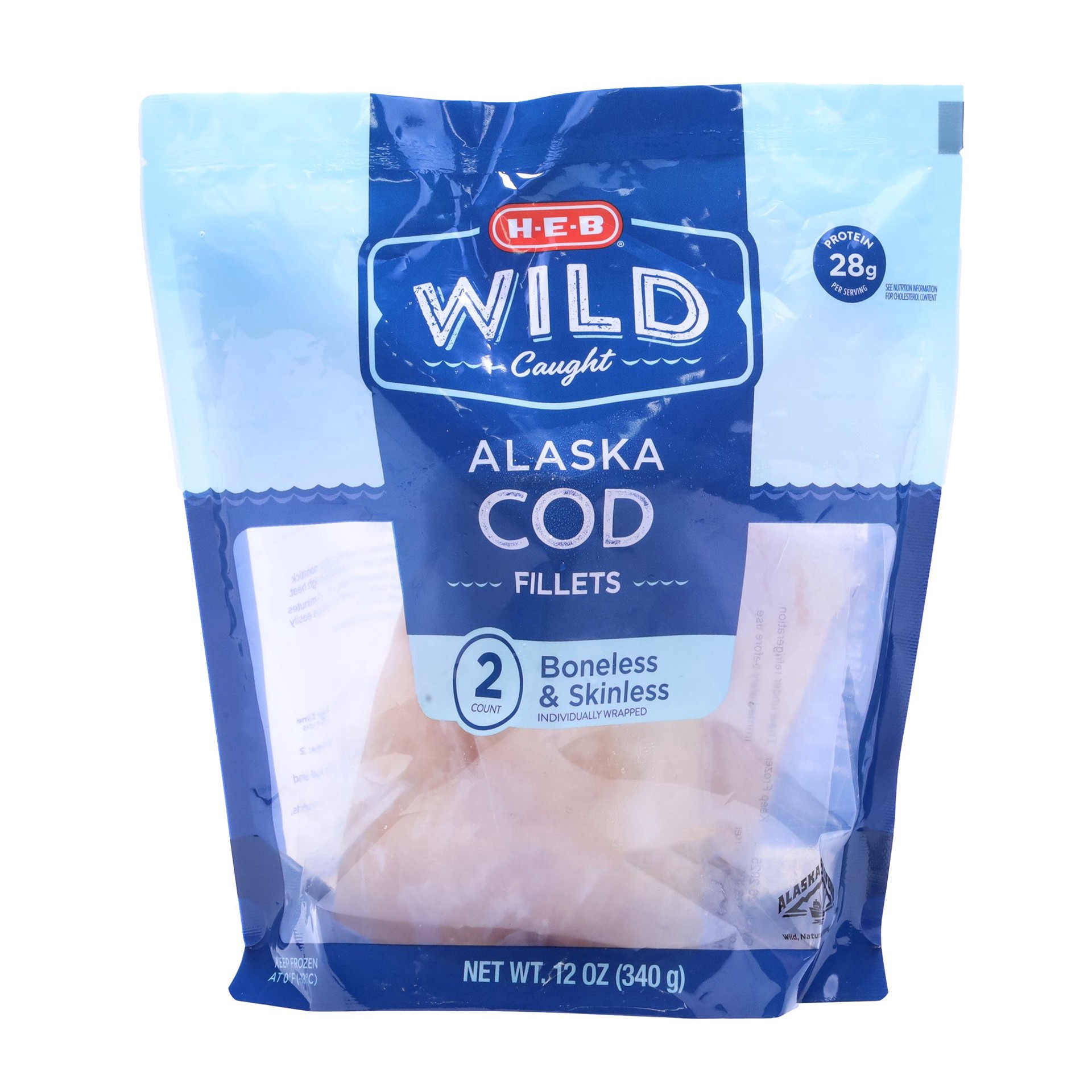 slide 1 of 1, H-E-B Wild Caught Frozen Cod Fillets, 2 ct
