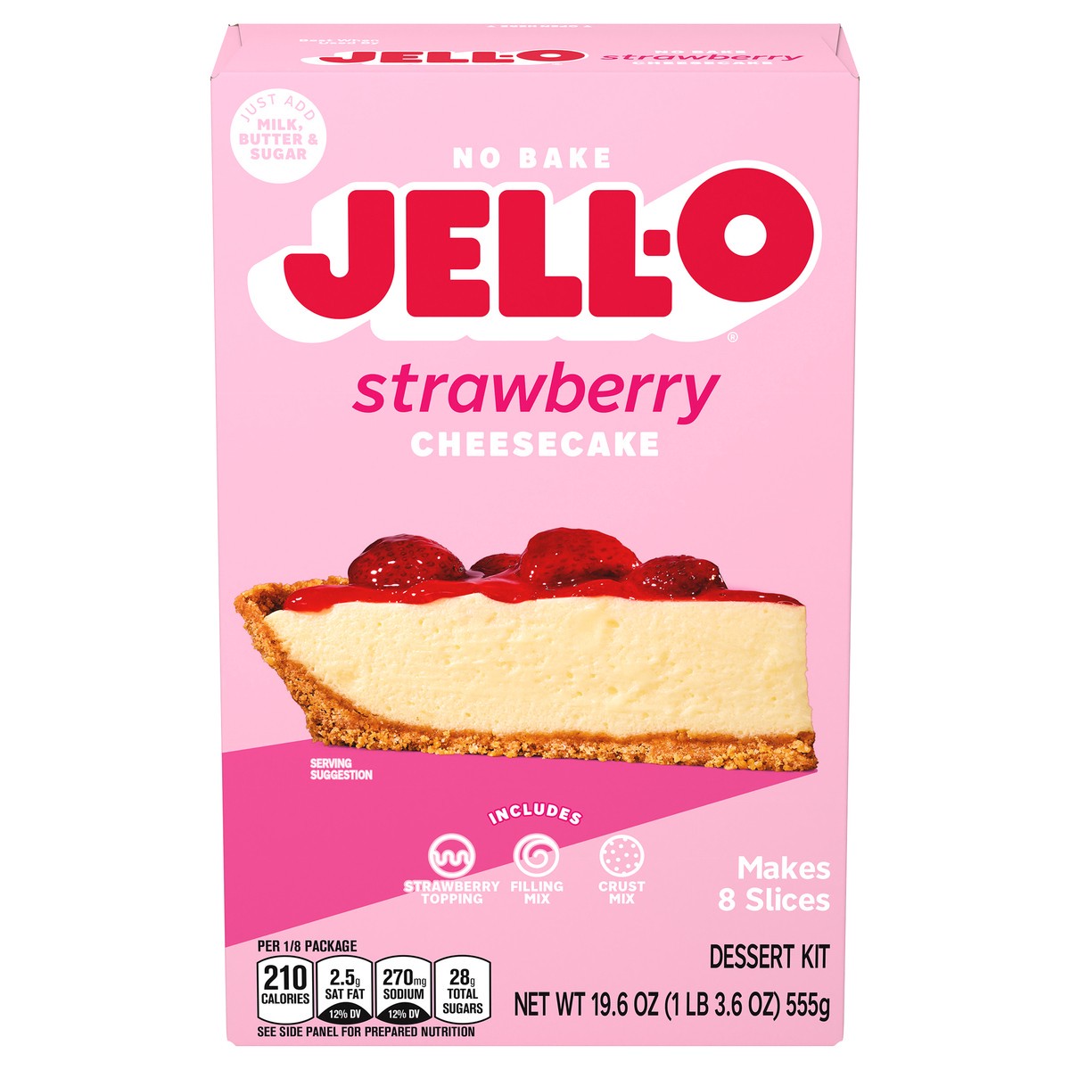 slide 1 of 9, Jell-O No Bake Strawberry Cheesecake Dessert Kit with Strawberry Topping, Filling Mix and Crust Mix, 19.6 oz Box, 19.6 oz