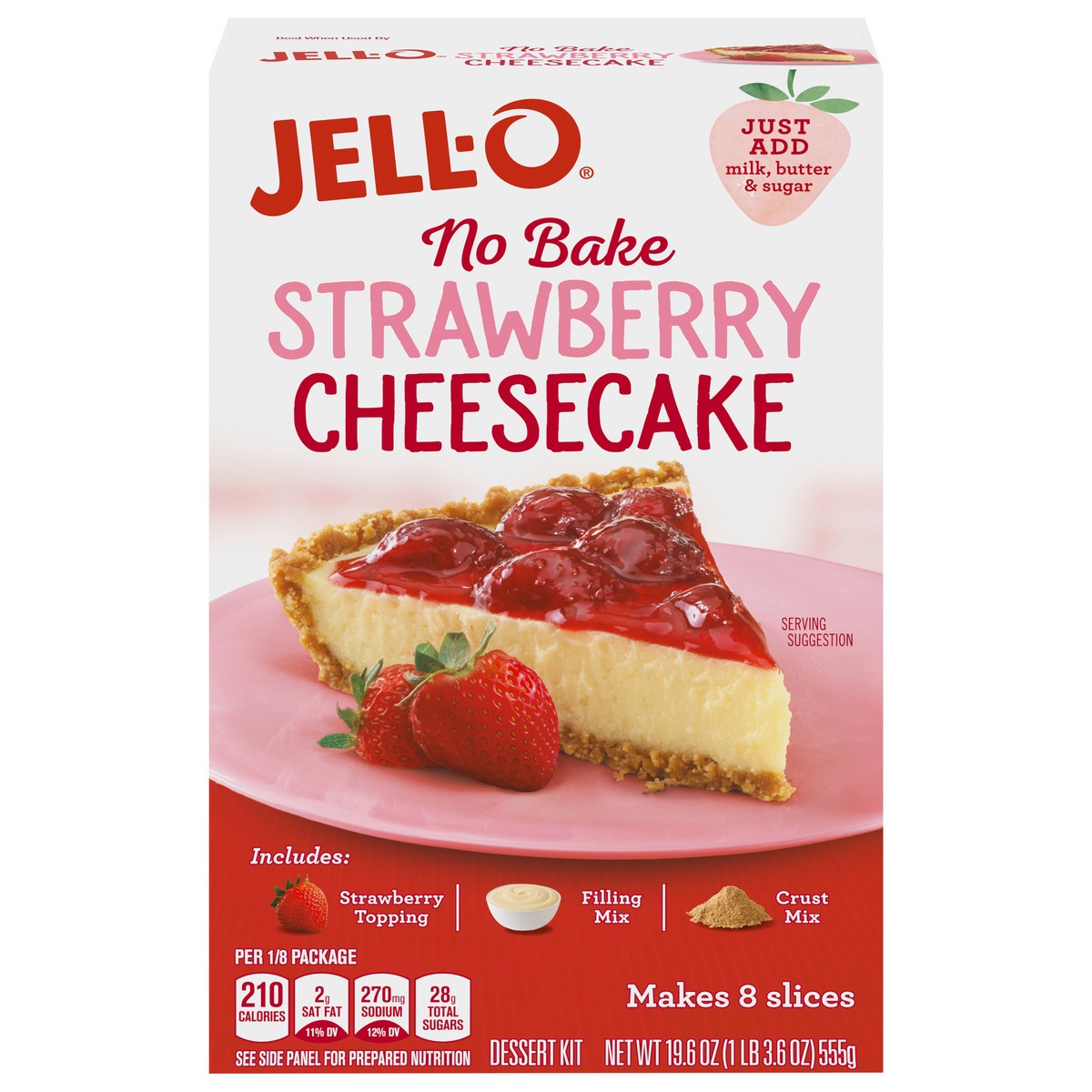 slide 1 of 9, Jell-O No Bake Strawberry Cheesecake Mix, 19.6 oz Box, 19.6 oz