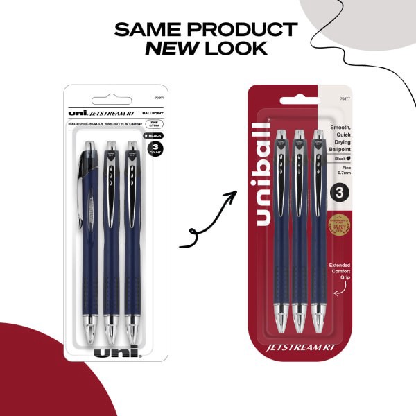 slide 2 of 9, uni-ball Jetstream Rt Retractable Ballpoint Pens, Fine Point, Blue Barrel, Black Ink, Pack Of 3, 3 ct