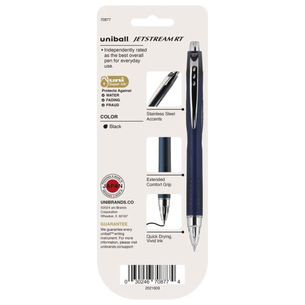 slide 8 of 9, uni-ball Jetstream Rt Retractable Ballpoint Pens, Fine Point, Blue Barrel, Black Ink, Pack Of 3, 3 ct