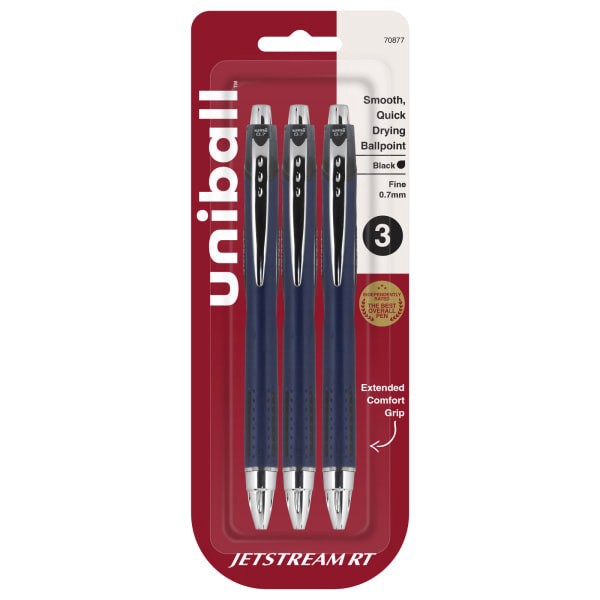 slide 1 of 9, uni-ball Jetstream Rt Retractable Ballpoint Pens, Fine Point, Blue Barrel, Black Ink, Pack Of 3, 3 ct