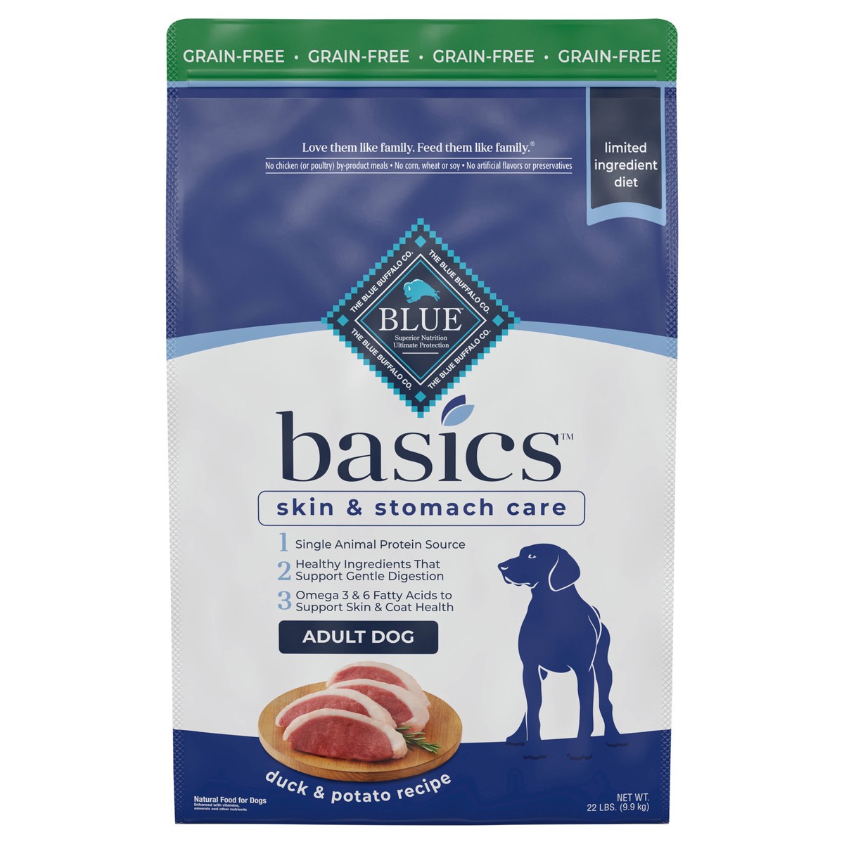 slide 1 of 1, Blue Buffalo Basics Skin & Stomach Care, Grain Free Natural Adult Dry Dog Food, Duck & Potato 22-lb, 22 lb