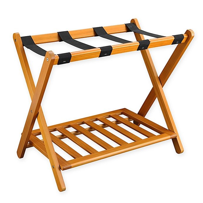 slide 1 of 10, Casual Home Folding Luggage Rack with Shelf - Honey Oak, 1 ct