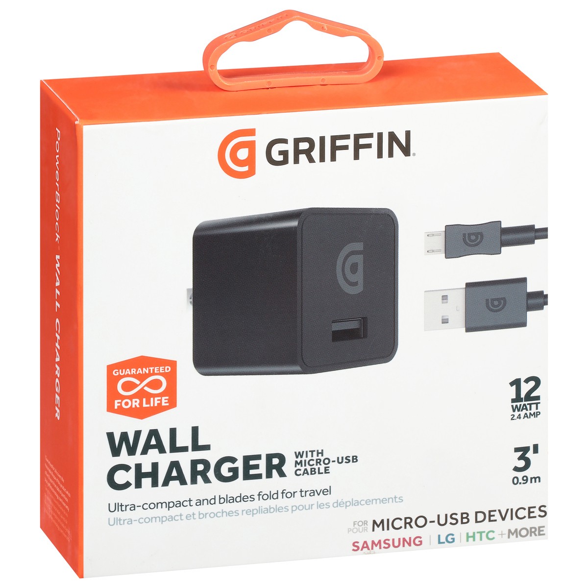 slide 9 of 9, Griffin Bros. 3 Foot 12 Watts Wall Charger with Micro-USB Cable 1 ea, 1 ct