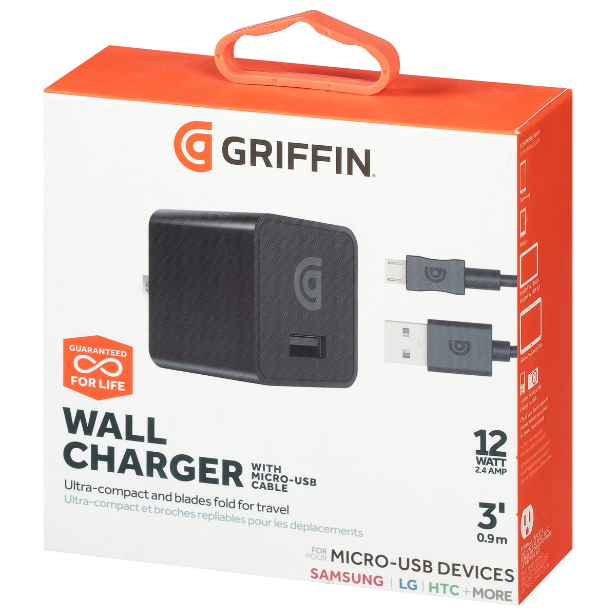 slide 8 of 9, Griffin Bros. 3 Foot 12 Watts Wall Charger with Micro-USB Cable 1 ea, 1 ct