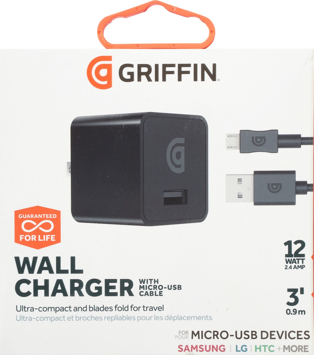 slide 2 of 9, Griffin Bros. 3 Foot 12 Watts Wall Charger with Micro-USB Cable 1 ea, 1 ct