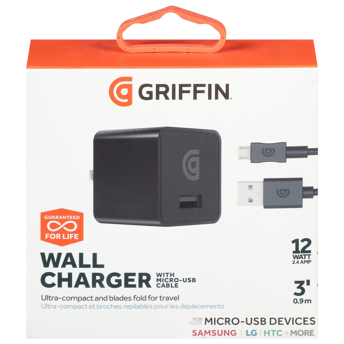 slide 1 of 9, Griffin Bros. 3 Foot 12 Watts Wall Charger with Micro-USB Cable 1 ea, 1 ct