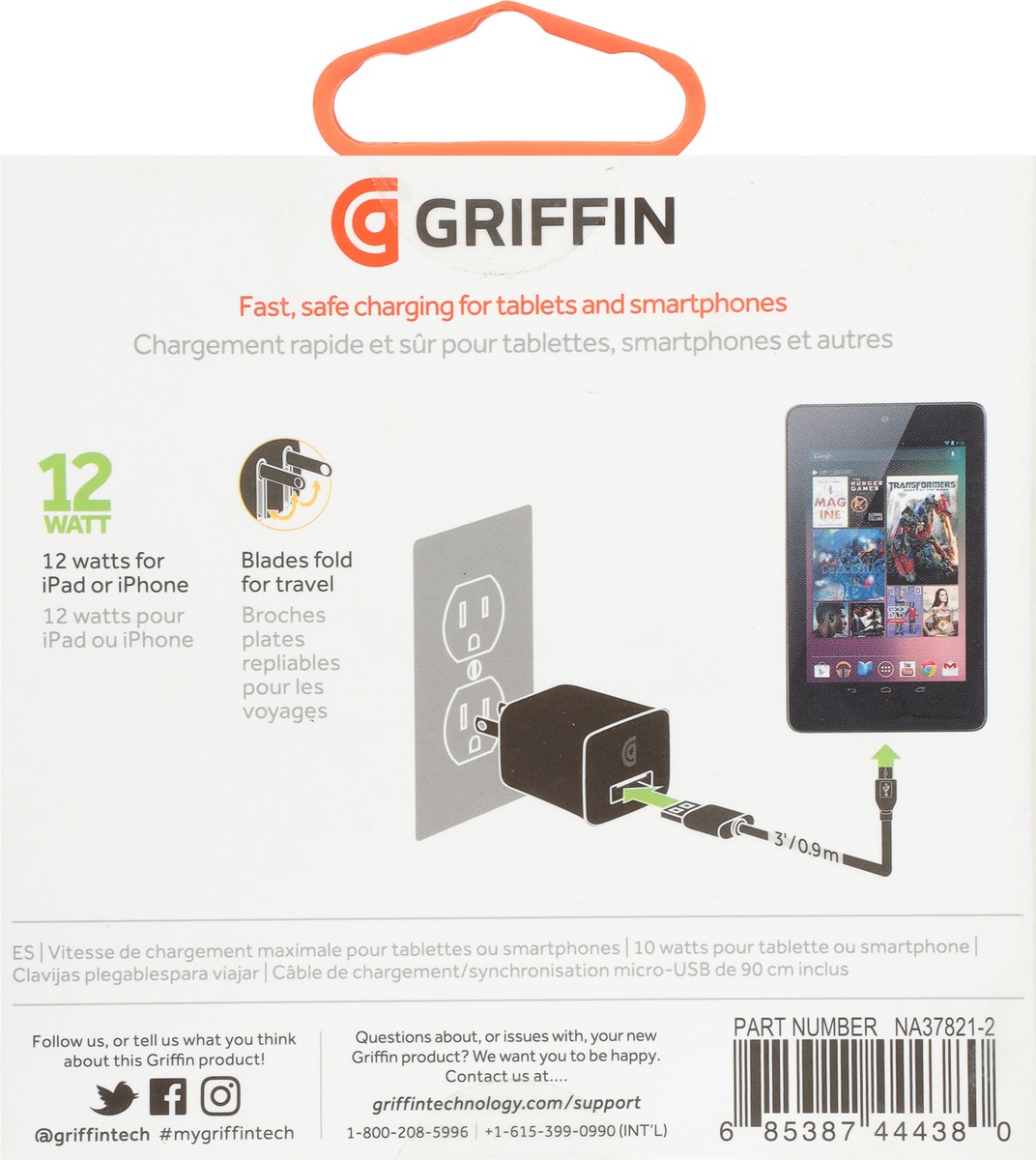 slide 6 of 9, Griffin Bros. 3 Foot 12 Watts Wall Charger with Micro-USB Cable 1 ea, 1 ct