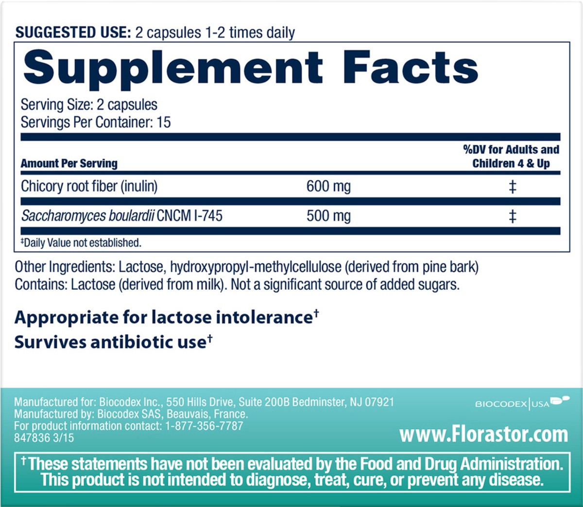 slide 5 of 8, Florastor Pre Daily Probiotic & Fiber Supplement, 550 mg, 30 count, 30 ct