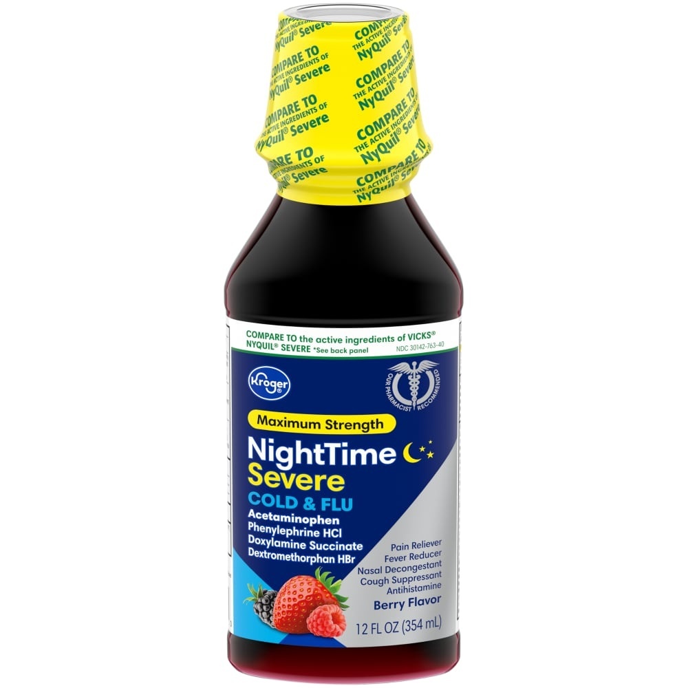 slide 1 of 1, Kroger Severe Nightime 6 Hour Berry Liquid, 12 fl oz