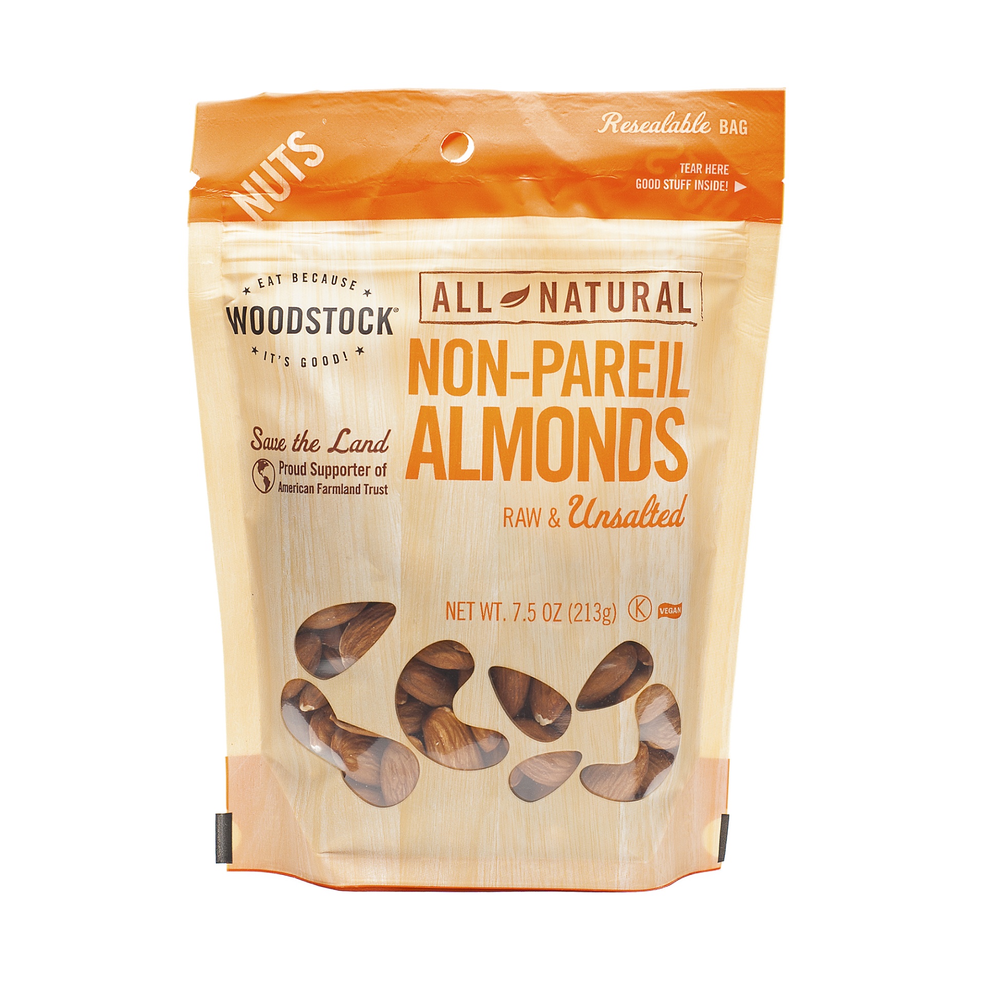 slide 1 of 2, Woodstock Raw & Unsalted Nonpareil Almonds, 7.5 oz