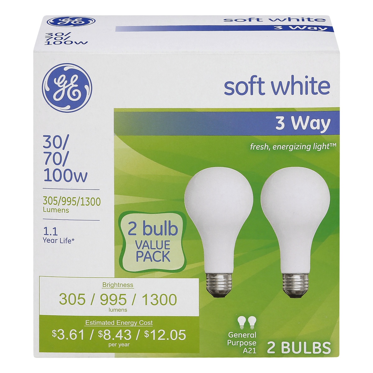 slide 1 of 1, GE Light Bulbs A21 Soft White neral Purposes 30 70 150 Watts, 2 ct