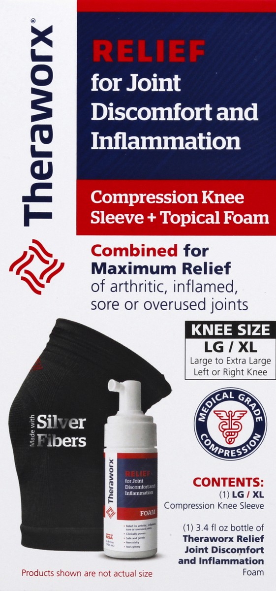 slide 2 of 12, Theraworx LG/XL Compression Knee Sleeve + Topical Foam 1 ea, 3.1 oz