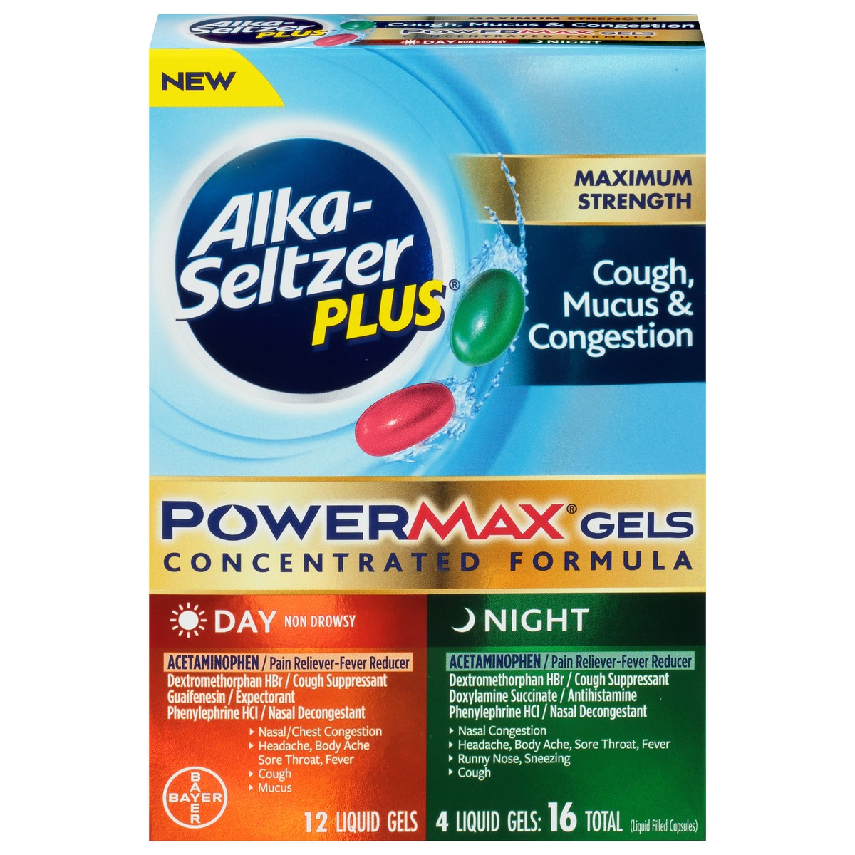 slide 1 of 1, Alka-Seltzer Plus PowderMax Gels Day/Night Maximum Strength Cough, Mucus & Congestion 16 ea, 16 ct