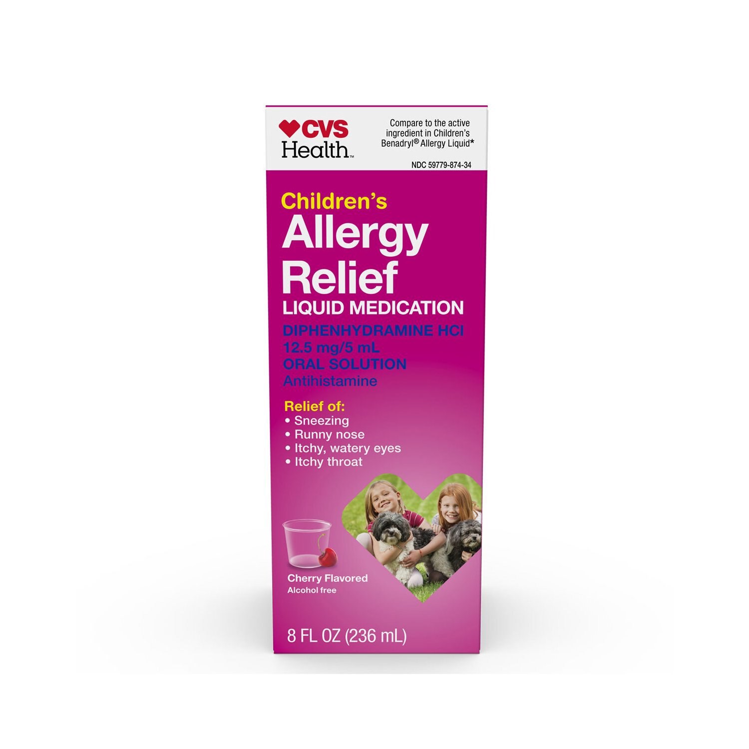 slide 1 of 7, Cvs Health Children's Allergy Relief Liquid Diphenhydramine Hcl Oral Antihistamine, Cherry, 8 Oz, 8 oz