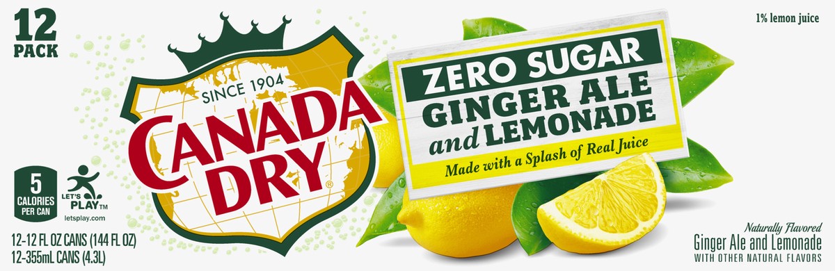 slide 1 of 2, Canada Dry Zero Sugar Ginger Ale and Lemonade Soda, 12 fl oz cans, 12 pack, 144 fl oz