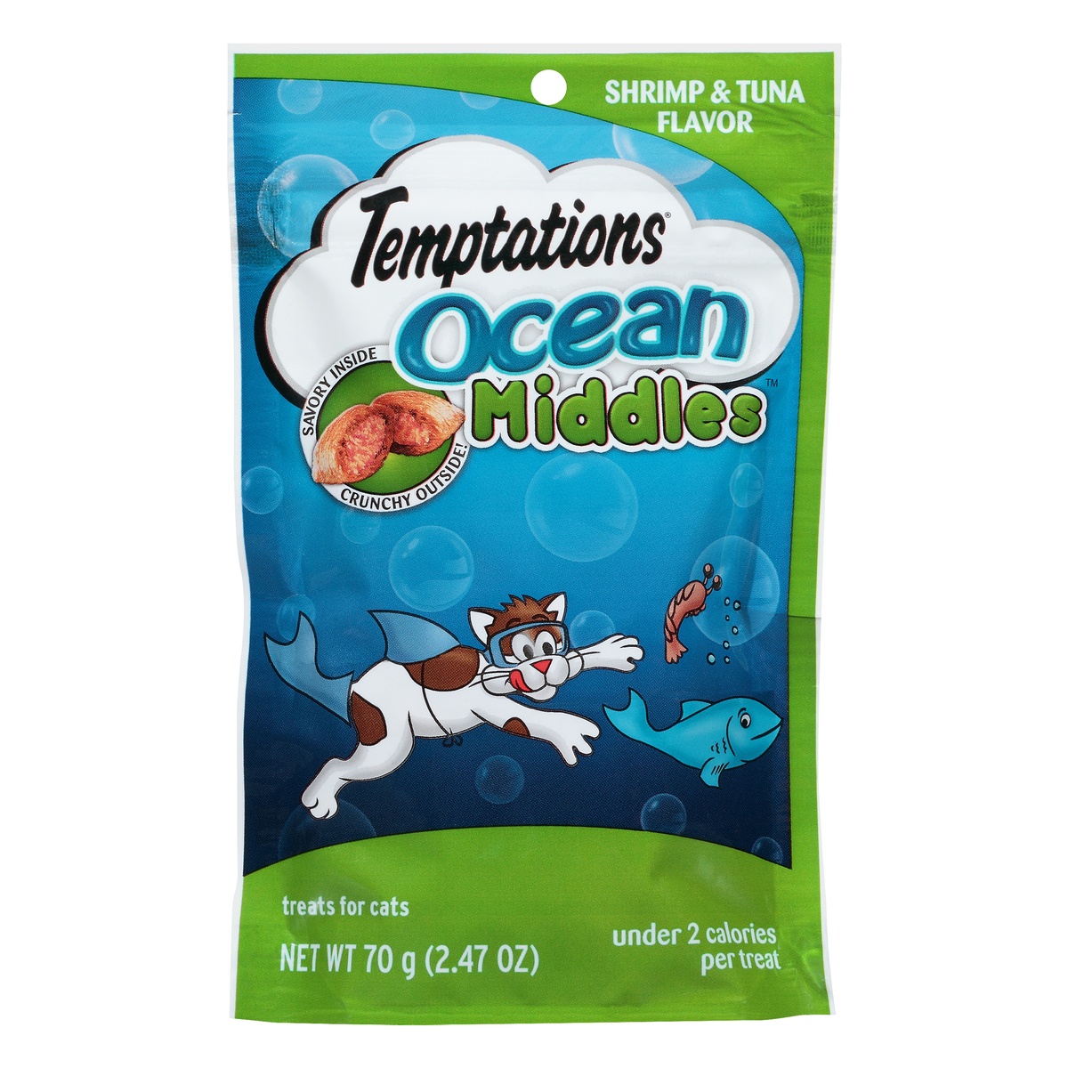 slide 1 of 1, Temptations Ocean Middles Treats for Cats Shrimp and Tuna Flavor, 2.47 oz