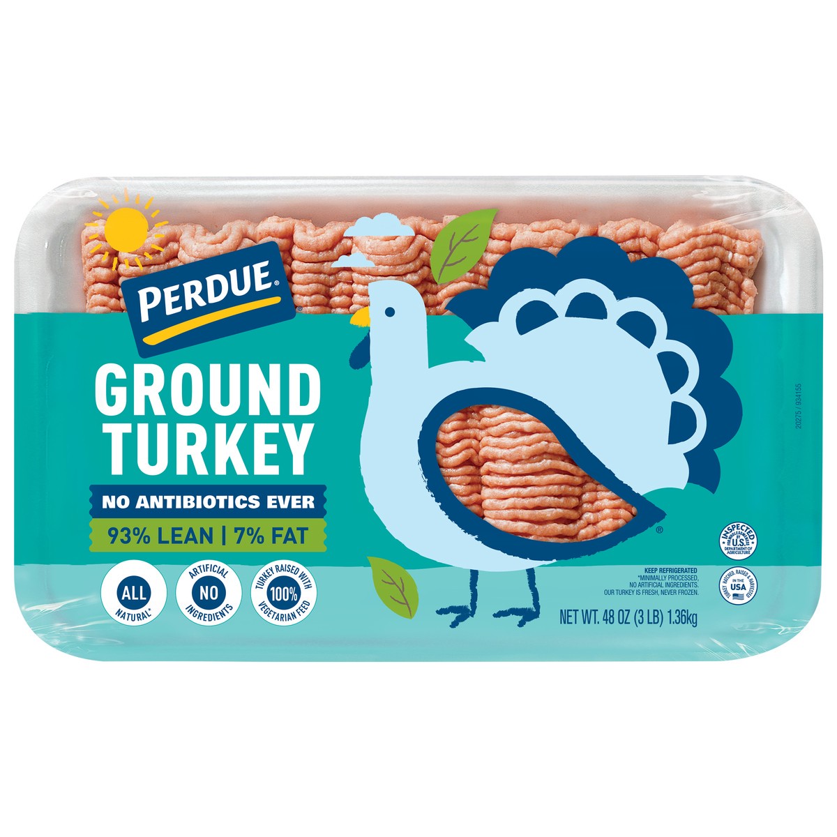 slide 1 of 6, PERDUE® No Antibiotics Ever Ground Turkey, 93% Lean 7% Fat, 3 lb. Tray, 48 oz