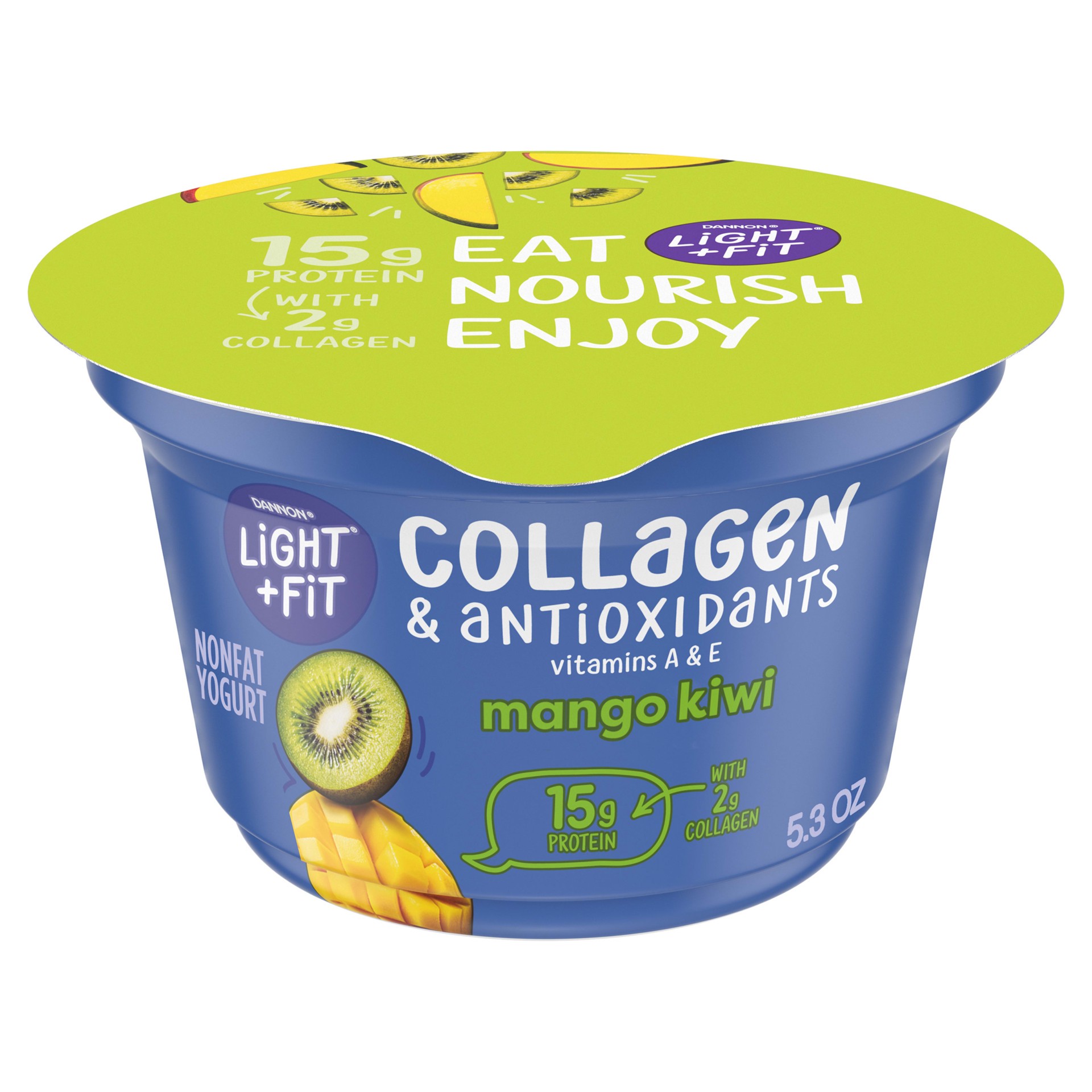 slide 1 of 10, Light + Fit Dannon Light + Fit Icelandic Style Nonfat Yogurt with Collagen & Antioxidants, Mango Kiwi, 5.3oz, 5.3 oz