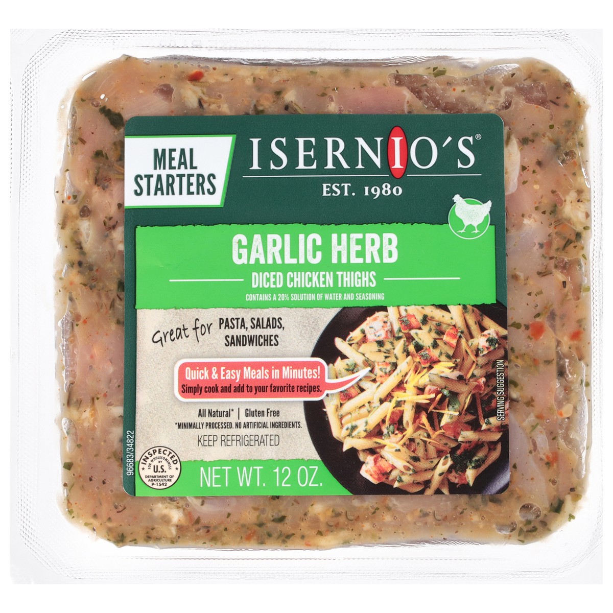 slide 1 of 13, Isernio's Diced Garlic Herb Chicken Thighs 12 oz, 12 oz