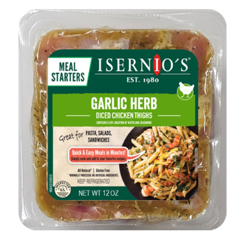 slide 1 of 1, Isernio's Diced Garlic Herb Chicken Thighs 12 oz, 12 oz