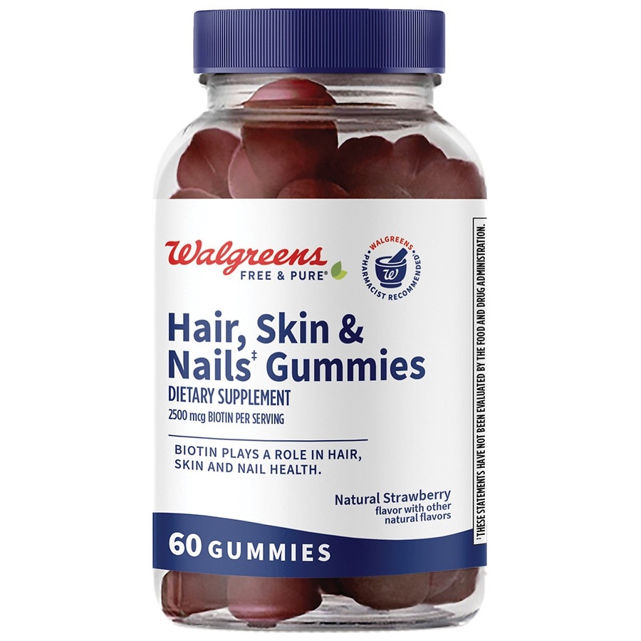 slide 1 of 1, Walgreens Free & Pure Hair, Skin & Nails Gummies Natural Strawberry, 60 ct