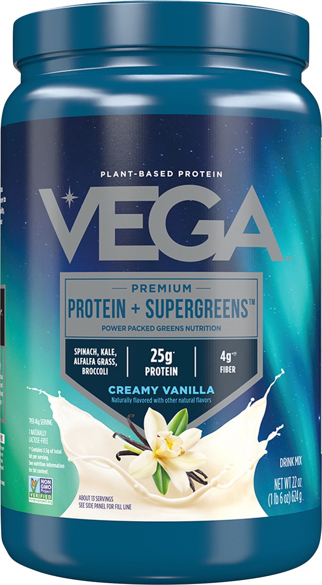 slide 8 of 9, Vega Premium Protein + Supergreens Creamy Vanilla Drink Mix 22 oz, 21.7 oz
