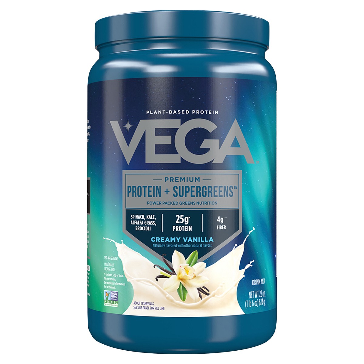 slide 3 of 9, Vega Premium Protein + Supergreens Creamy Vanilla Drink Mix 22 oz, 21.7 oz