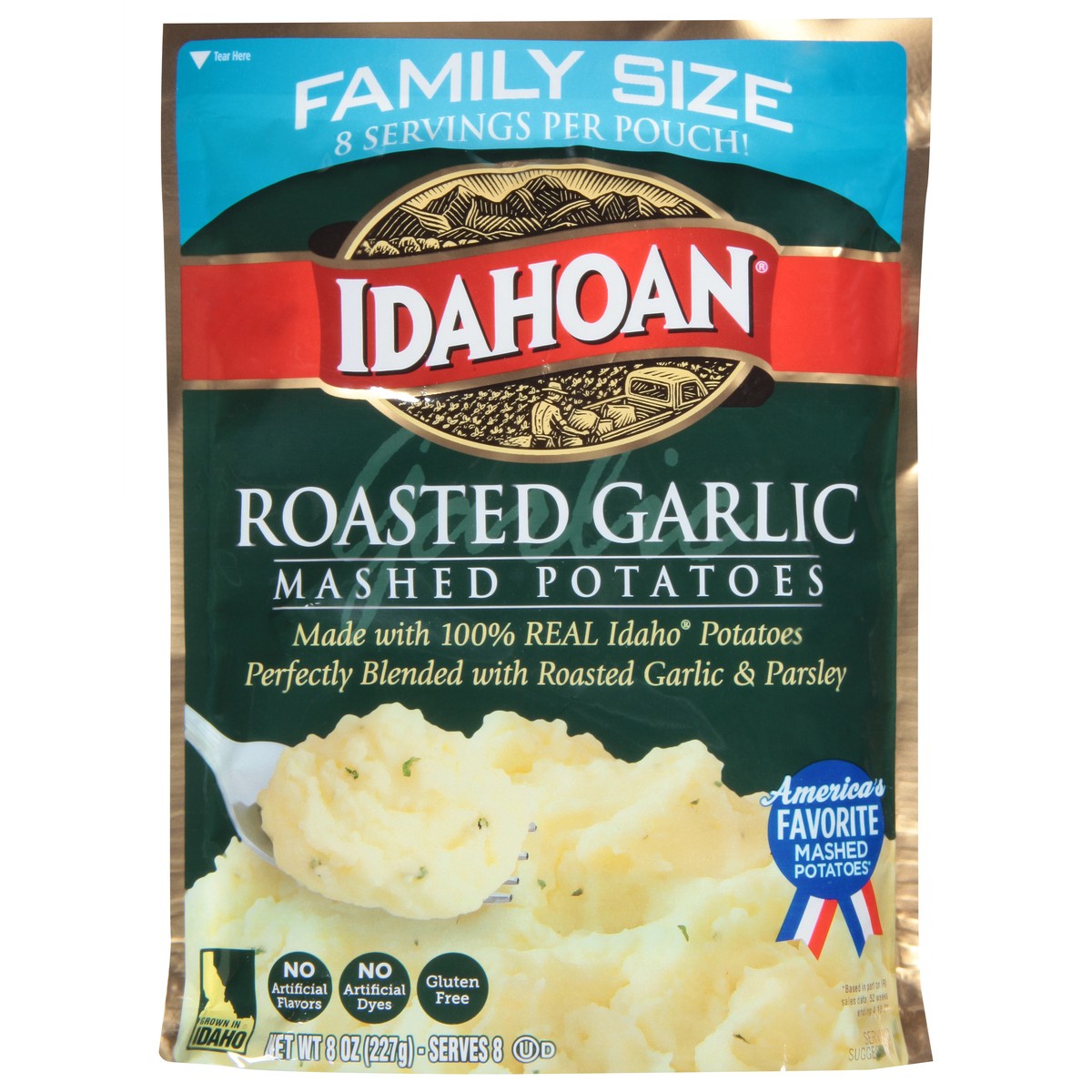 slide 1 of 9, Idahoan Roasted Garlic Mashed Potatoes Family Size 8 oz, 8 oz