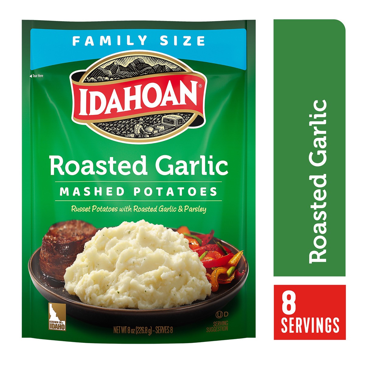 slide 1 of 9, Idahoan Roasted Garlic Mashed Potatoes Family Size, 8 oz