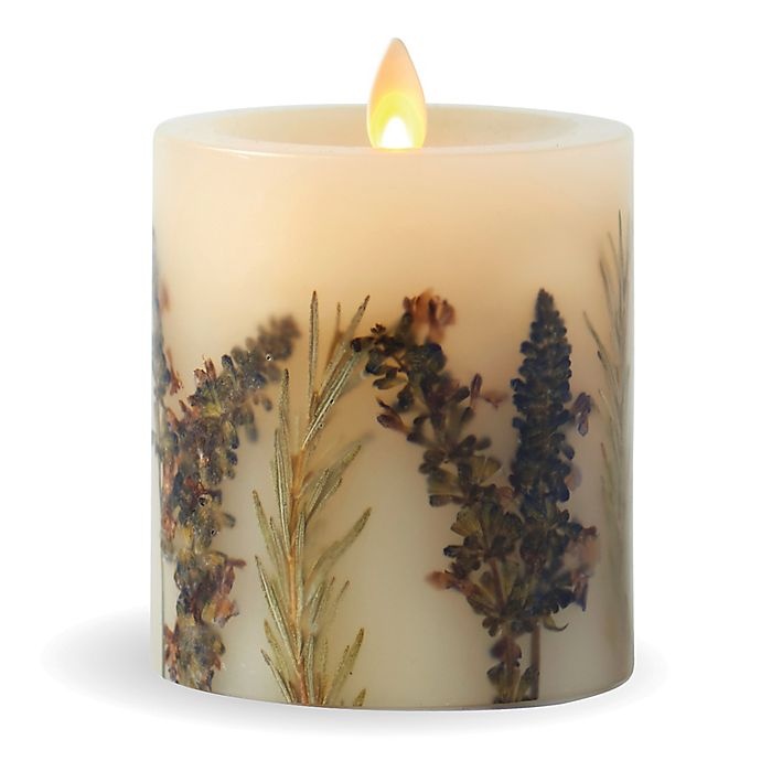 slide 1 of 3, Luminara Embedded Lavender & Thyme Real-Flame Effect Pillar Candle, 4 in