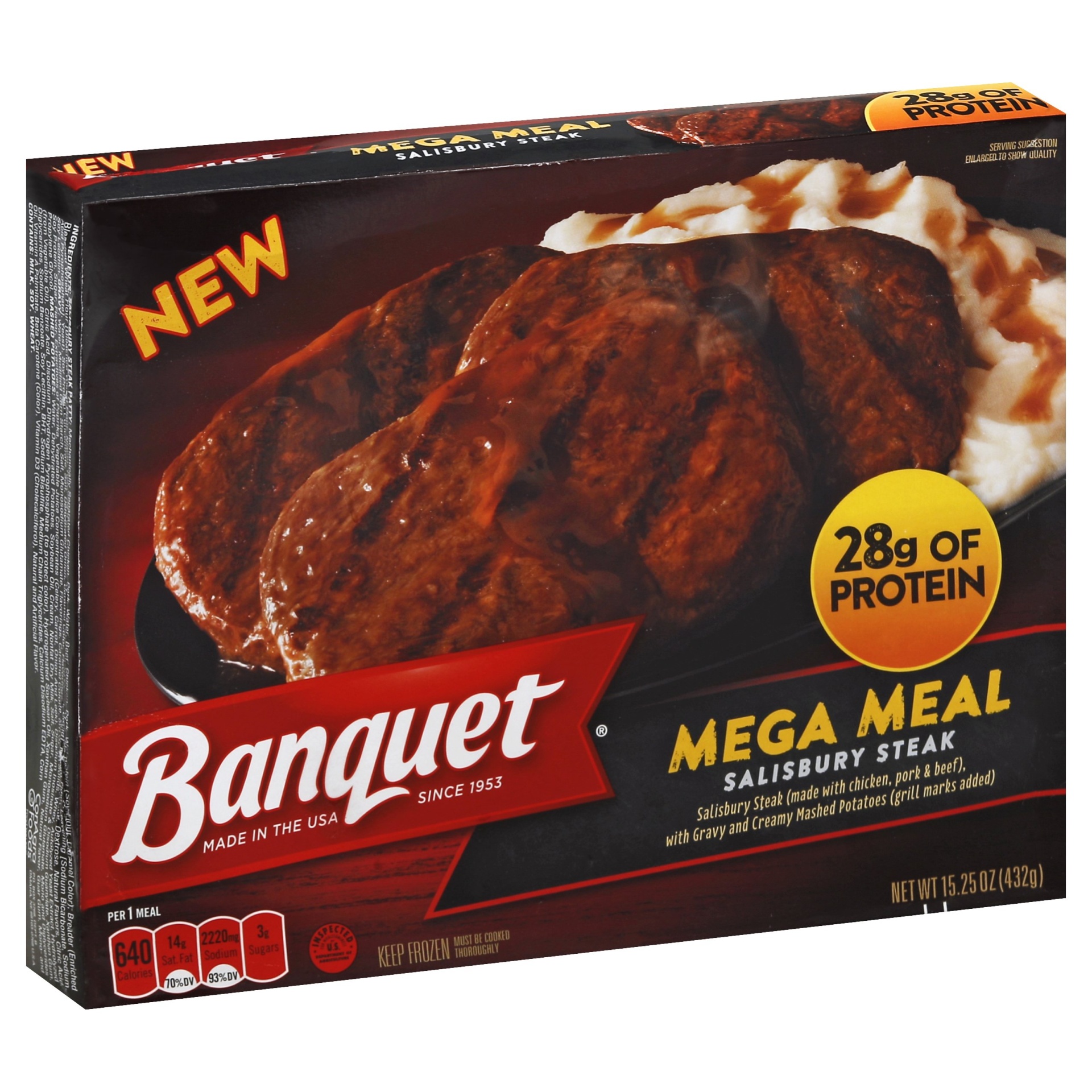 slide 1 of 4, Banquet Salisbury Steak Mega Meal, 15.25 oz