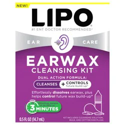 Lipo Earwax Cleansing Kit – Safe & Gentle Earwax Cleansing Aid with Bulb Syringe and Cotton Ear Plugs, Fast-Acting, Peroxide-Free Ear Care Solution