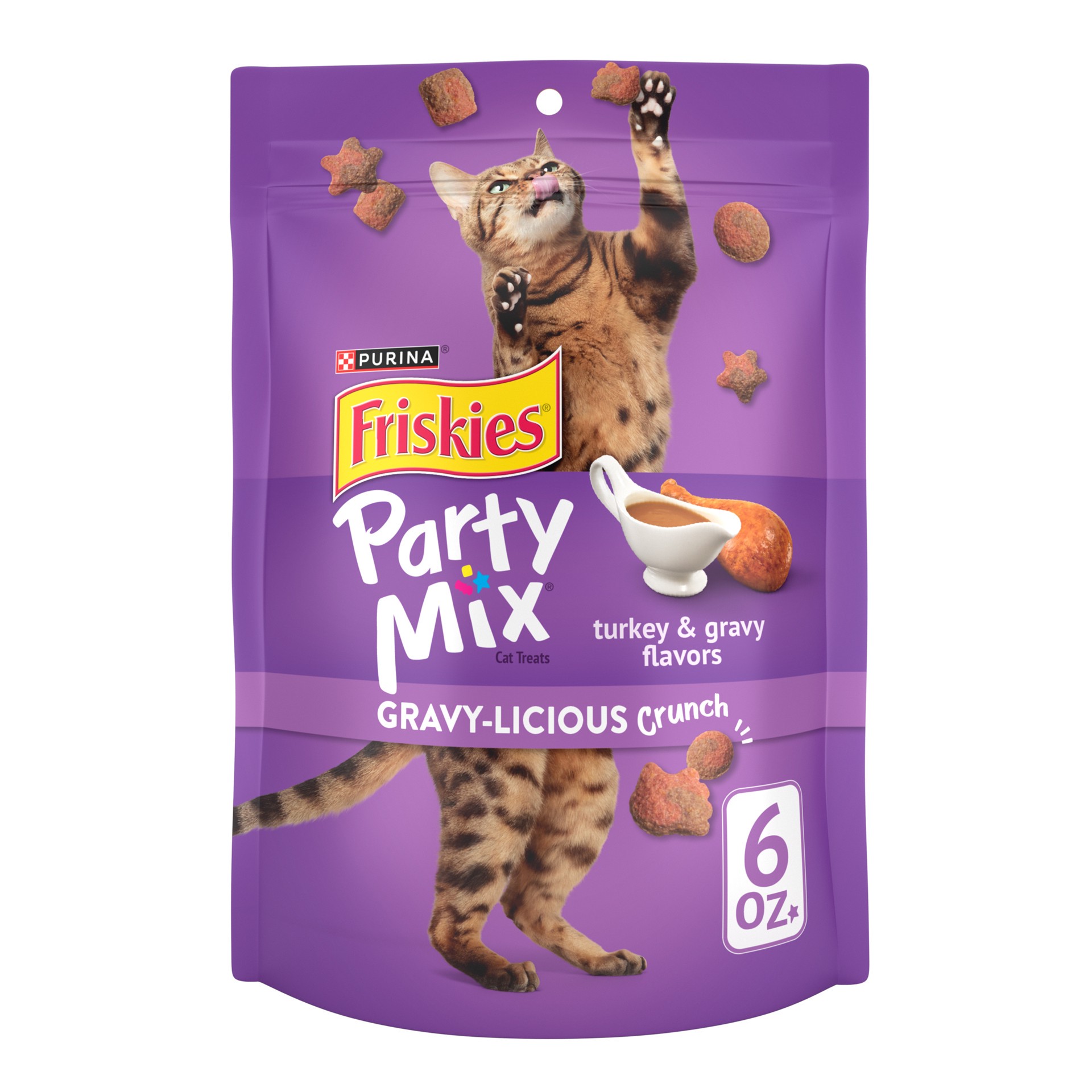 slide 1 of 9, Purina Friskies Cat Treats, Party Mix Gravy-licious Crunch Turkey and Gravy Flavors, 6 oz