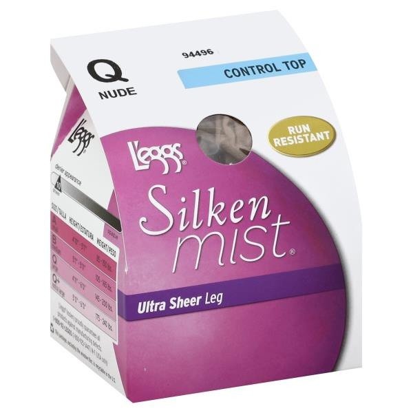 slide 1 of 1, L'eggs Silken Mist Ultra Sheer Leg Control Top Run Resistant Nude Size Q, 4 ct
