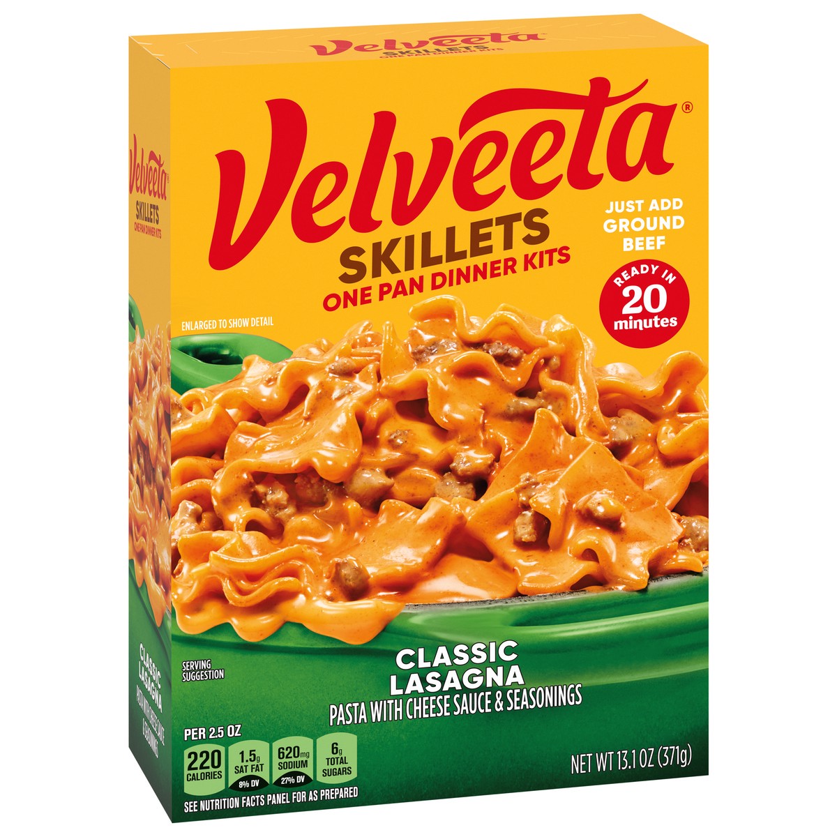 slide 4 of 9, Velveeta Skillets Classic Lasagna One Pan Dinner Kit with Pasta, Cheese Sauce & Seasoning, 13.1 oz Box, 13.1 oz